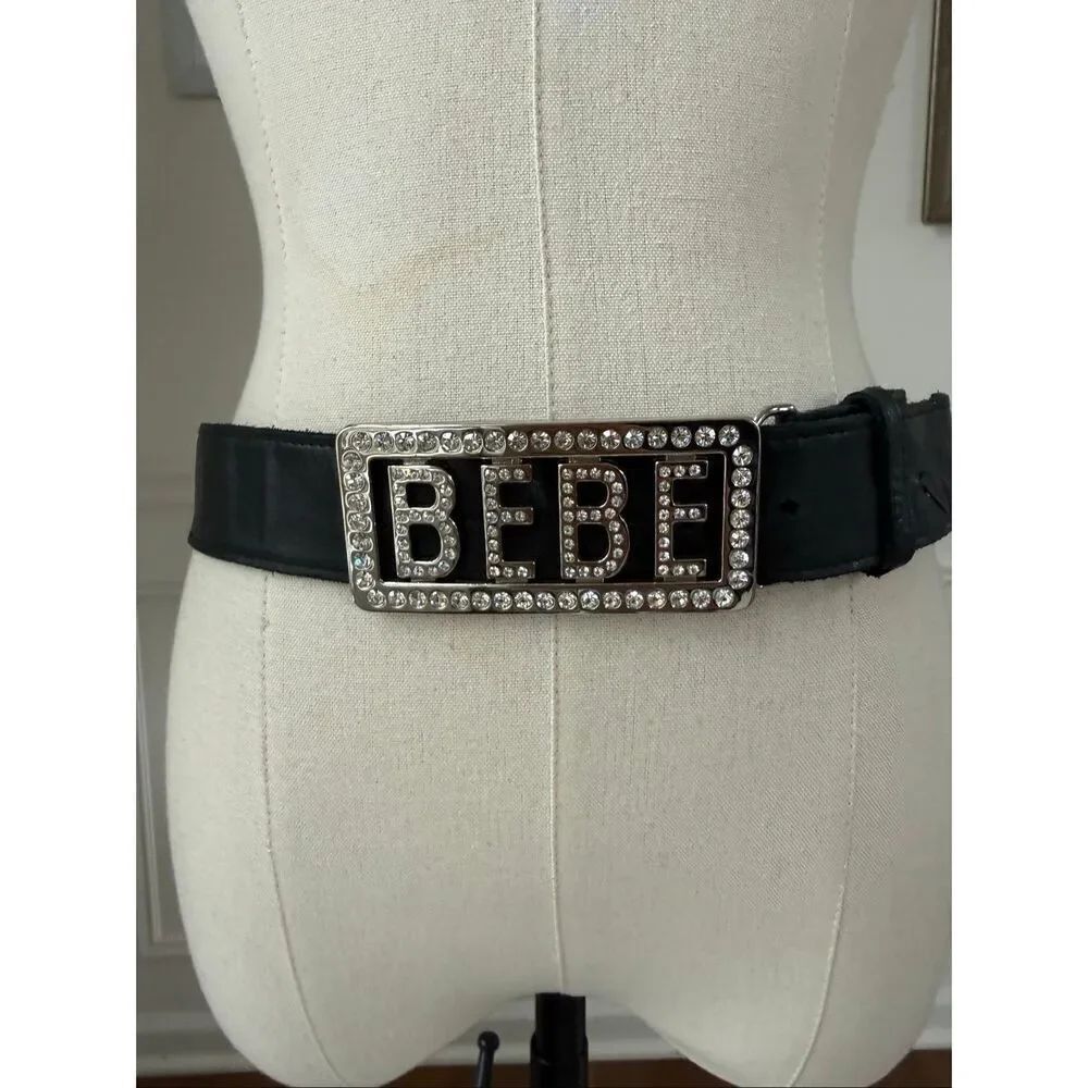 Vintage Y2K Bebe Black Leather Rhinestone Bling Silver Logo Low Rise Belt S M